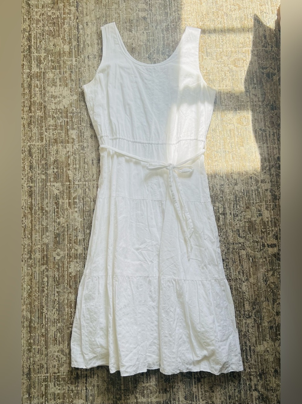 Talbots White Sleeveless Tiered Midi Dress with Waist Tie